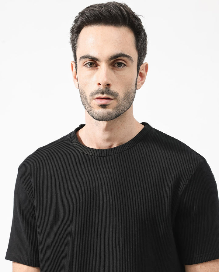 Rare Rabbit Men's Bree Black Crew Neck Ottoman Textured Drop Shoulder Half Sleeves Oversized Fit T-Shirt