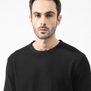 Rare Rabbit Men's Bree Black Crew Neck Ottoman Textured Drop Shoulder Half Sleeves Oversized Fit T-Shirt
