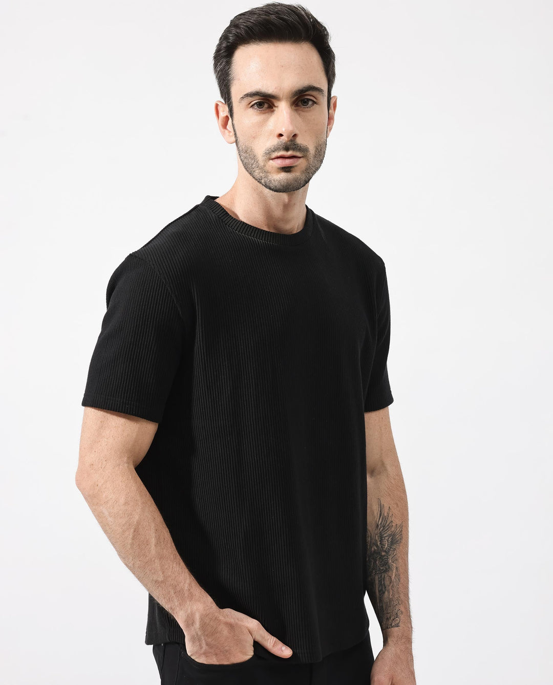 Rare Rabbit Men's Bree Black Crew Neck Ottoman Textured Drop Shoulder Half Sleeves Oversized Fit T-Shirt