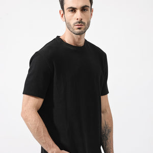 Rare Rabbit Men's Bree Black Crew Neck Ottoman Textured Drop Shoulder Half Sleeves Oversized Fit T-Shirt