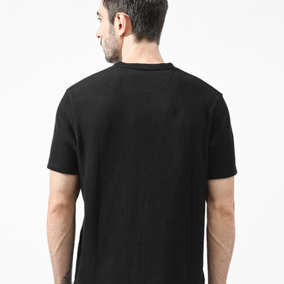 Rare Rabbit Men's Bree Black Crew Neck Ottoman Textured Drop Shoulder Half Sleeves Oversized Fit T-Shirt
