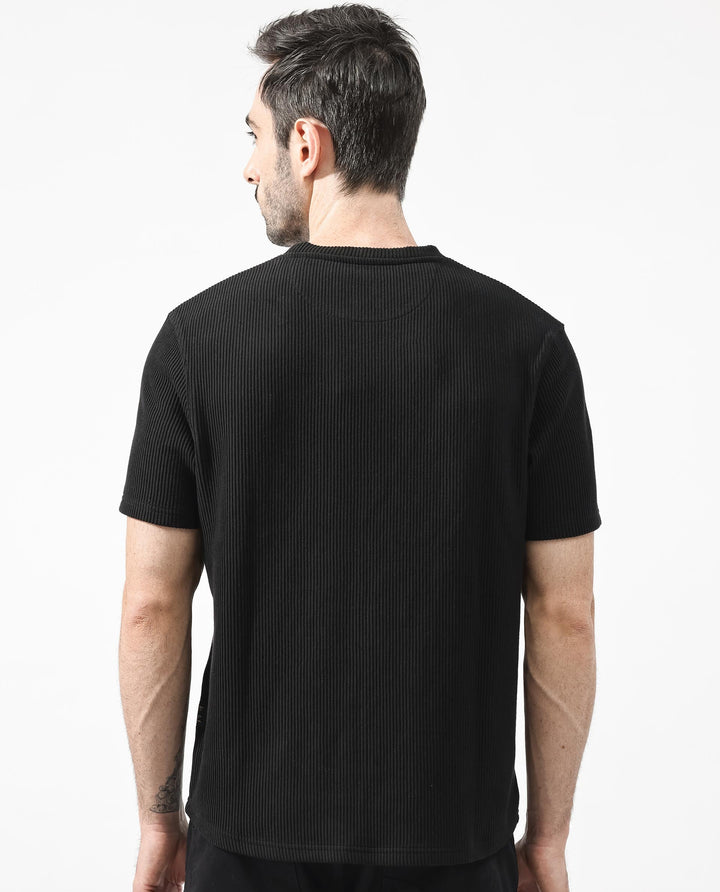 Rare Rabbit Men's Bree Black Crew Neck Ottoman Textured Drop Shoulder Half Sleeves Oversized Fit T-Shirt