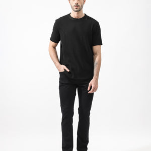 Rare Rabbit Men's Bree Black Crew Neck Ottoman Textured Drop Shoulder Half Sleeves Oversized Fit T-Shirt