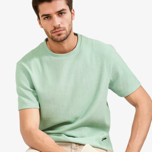 Rare Rabbit Men's Bree Dusky Green Crew Neck Ottoman Textured Drop Shoulder Half Sleeves Oversized Fit T-Shirt