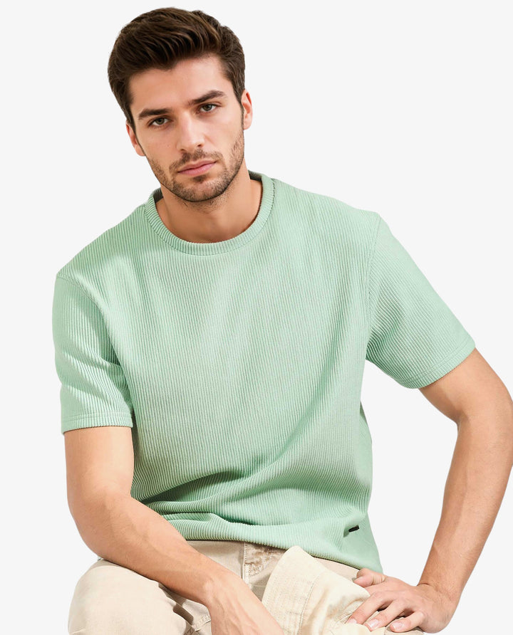 Rare Rabbit Men's Bree Dusky Green Crew Neck Ottoman Textured Drop Shoulder Half Sleeves Oversized Fit T-Shirt