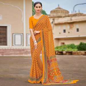 Bright Orange Printed Georgette Saree