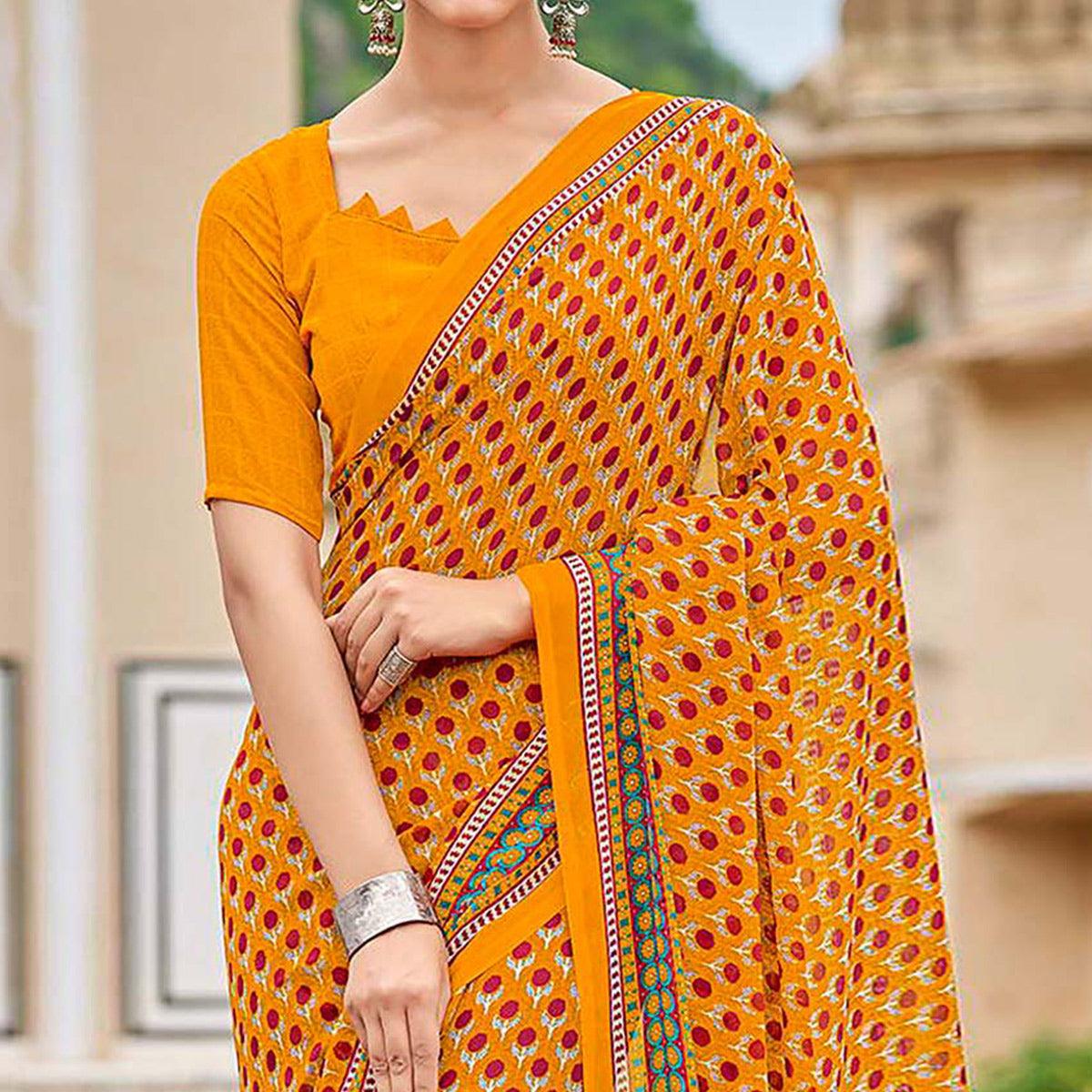 Bright Orange Printed Georgette Saree