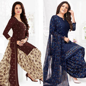 Brown And Blue Patiala Crepe Dress Material Pack Of 2