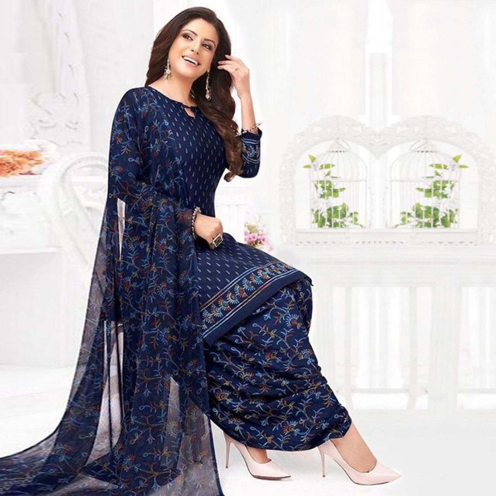 Brown And Blue Patiala Crepe Dress Material Pack Of 2