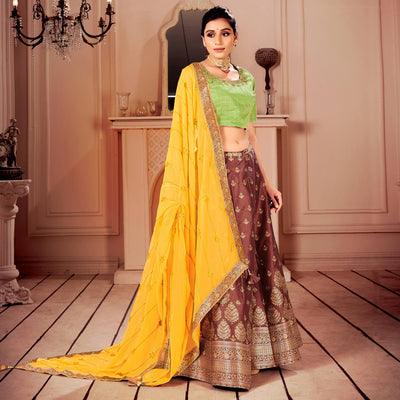 Brown & Green Partywear Floral Embroidery With Woven Silk Lehenga Choli
