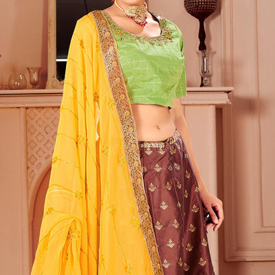 Brown & Green Partywear Floral Embroidery With Woven Silk Lehenga Choli