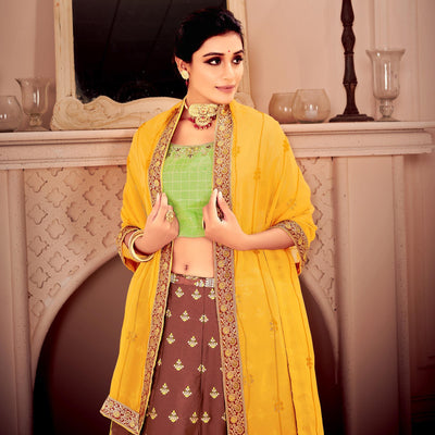Brown & Green Partywear Floral Embroidery With Woven Silk Lehenga Choli