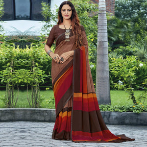 Brown & Red Casual Wear Striped Printed Georgette Saree