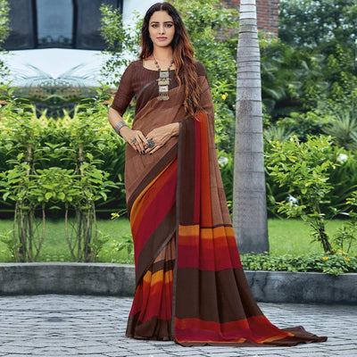 Brown & Red Casual Wear Striped Printed Georgette Saree