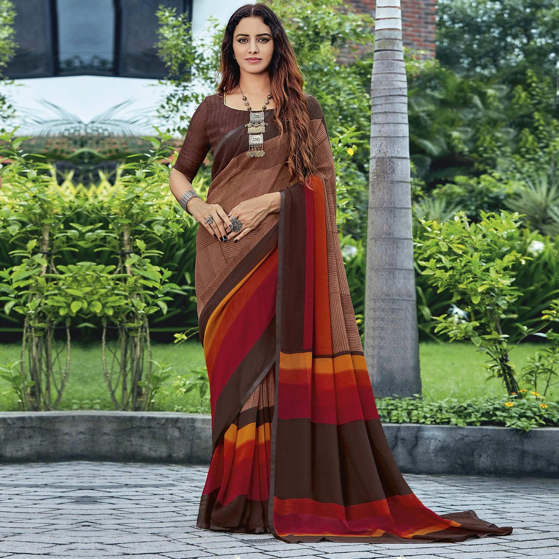 Brown & Red Casual Wear Striped Printed Georgette Saree