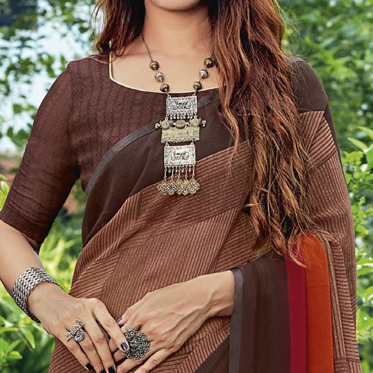 Brown & Red Casual Wear Striped Printed Georgette Saree