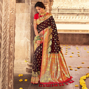 Brown & Red Festive Wear Woven Banarasi Silk Saree