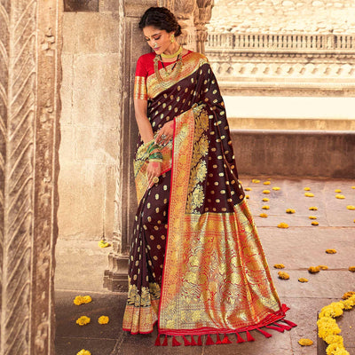 Brown & Red Festive Wear Woven Banarasi Silk Saree