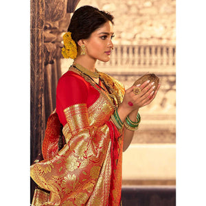 Brown & Red Festive Wear Woven Banarasi Silk Saree