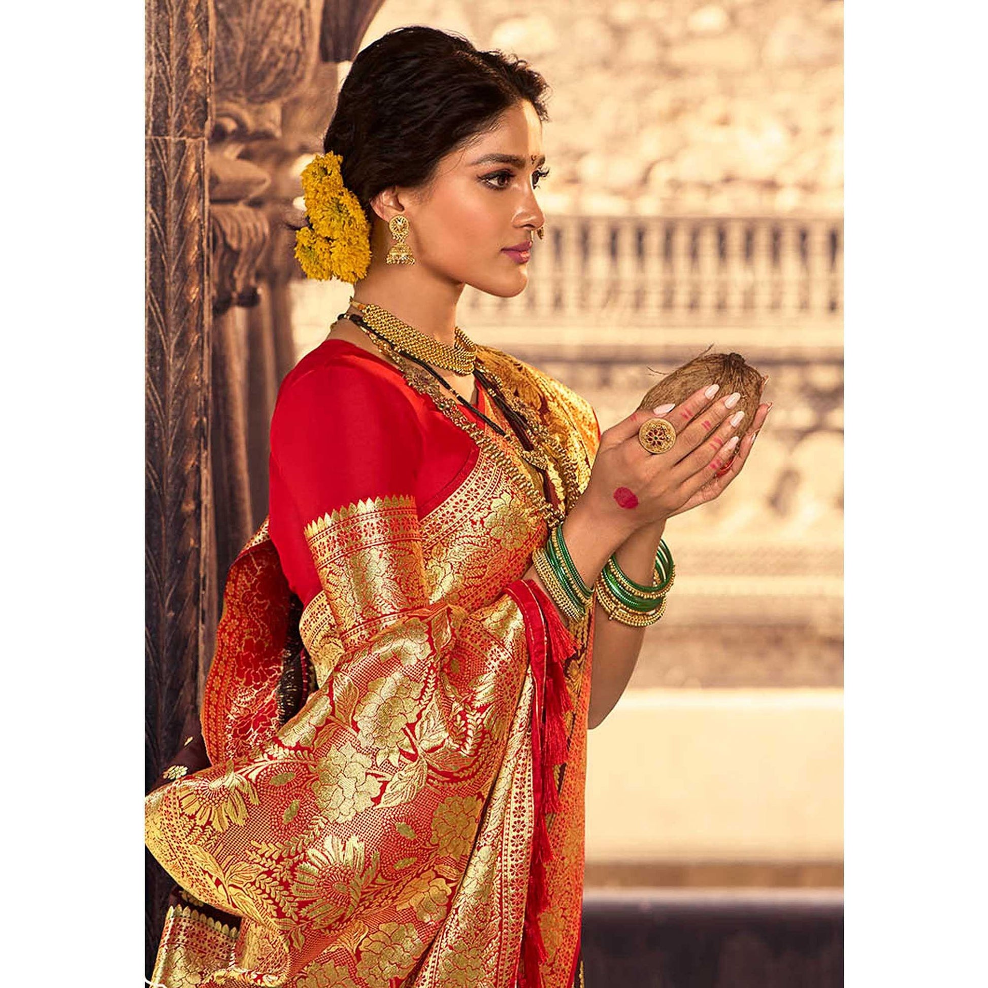 Brown & Red Festive Wear Woven Banarasi Silk Saree