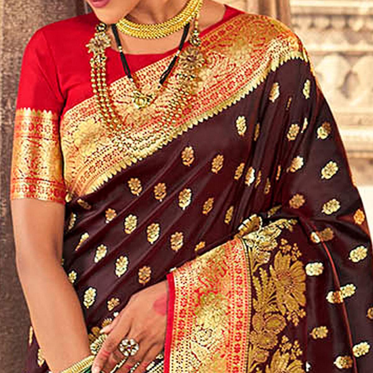 Brown & Red Festive Wear Woven Banarasi Silk Saree