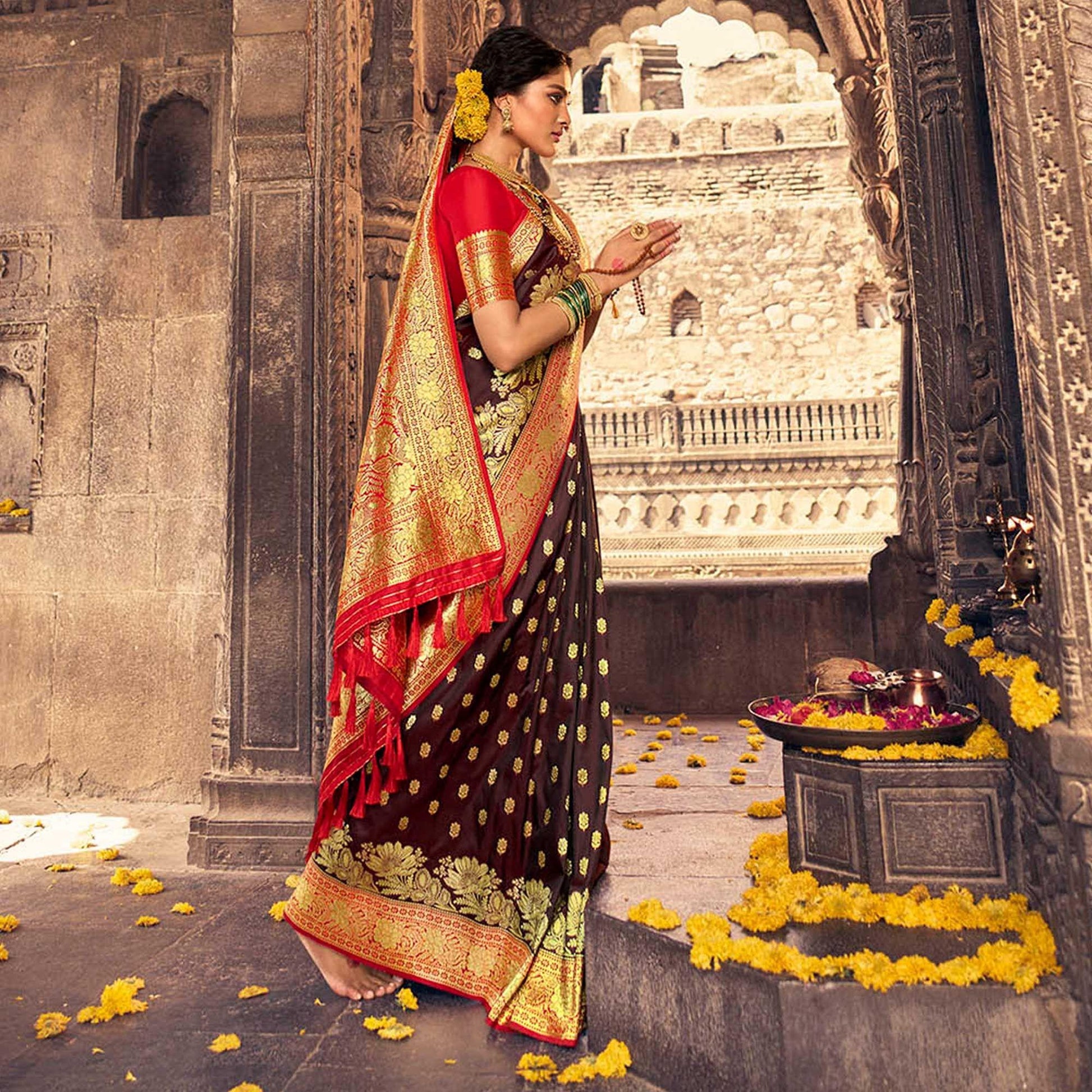 Brown & Red Festive Wear Woven Banarasi Silk Saree