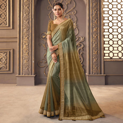 Brown & Sea Green Sequins Embroidered Organza Saree