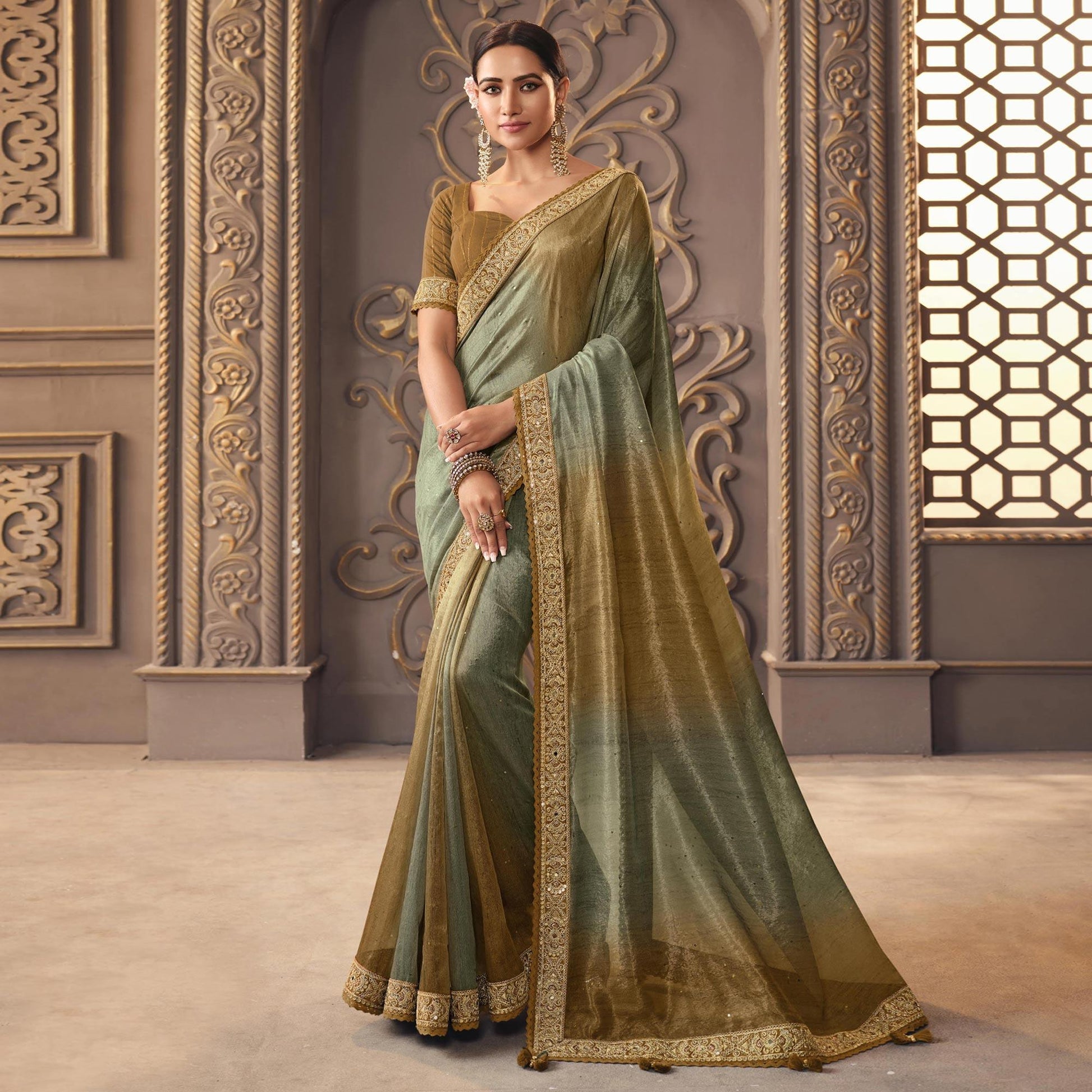 Brown & Sea Green Sequins Embroidered Organza Saree