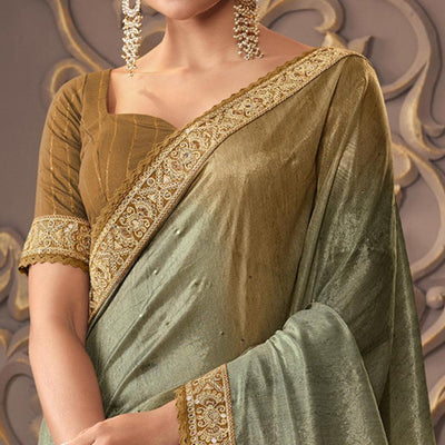 Brown & Sea Green Sequins Embroidered Organza Saree