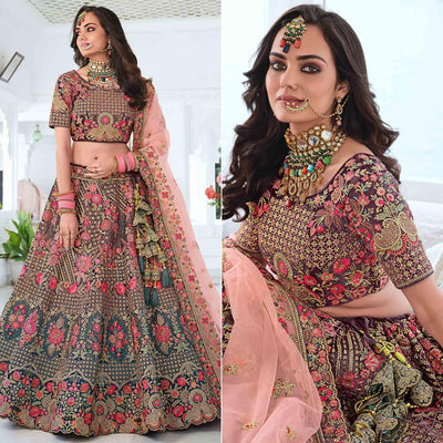 Brown & Teal Green Wedding Wear Sequins Floral Embroidered Velvet Lehenga Choli