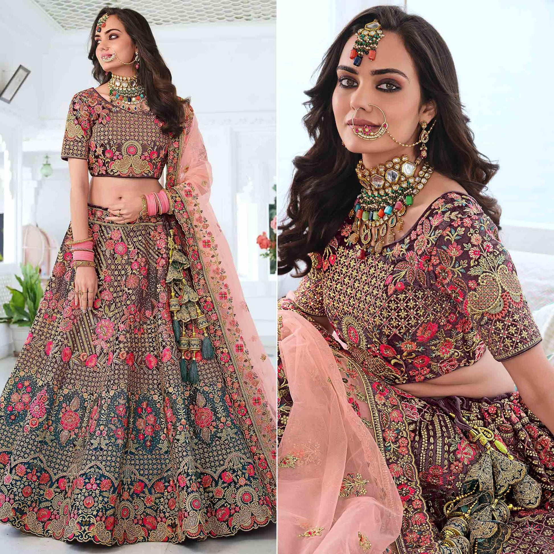 Brown & Teal Green Wedding Wear Sequins Floral Embroidered Velvet Lehenga Choli