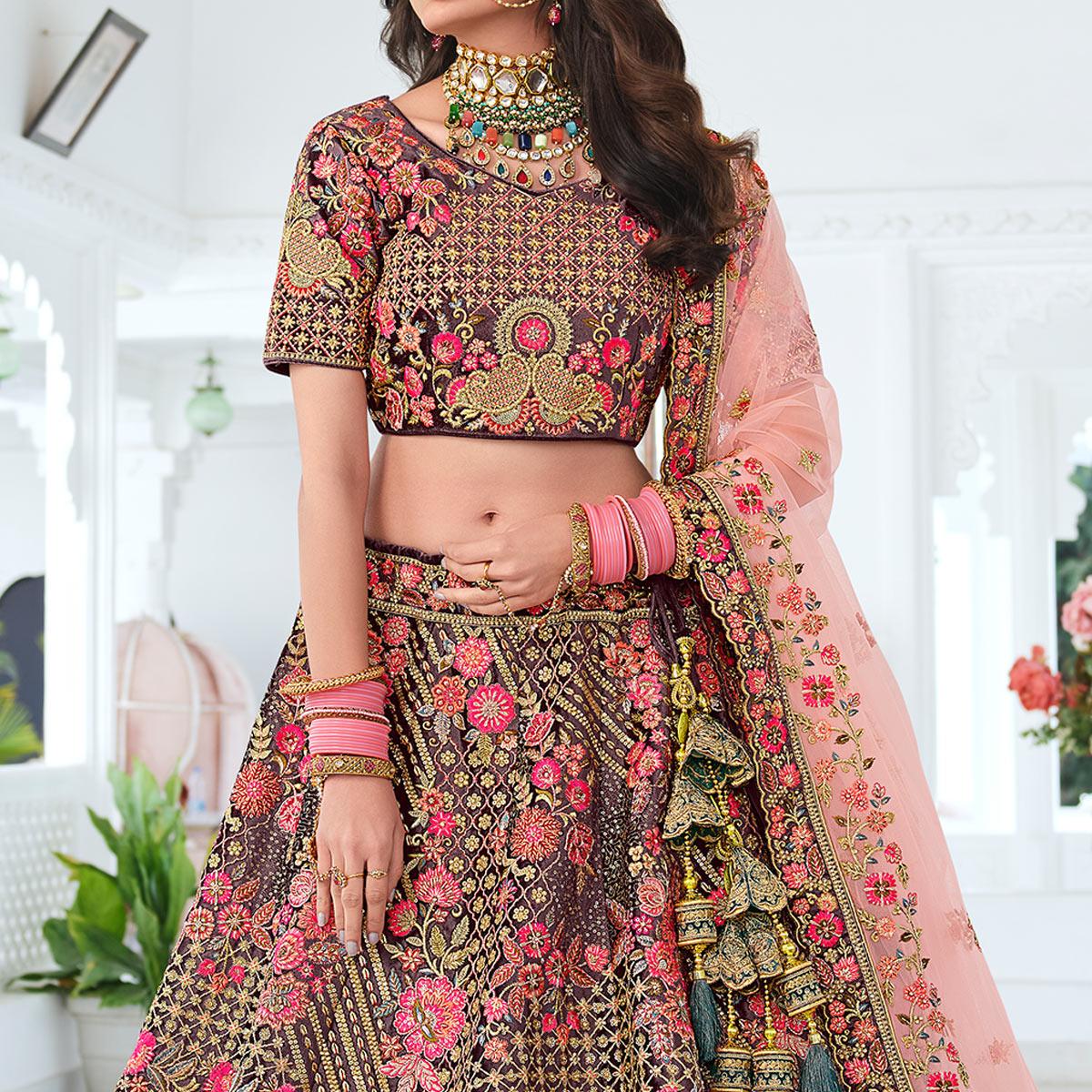 Brown & Teal Green Wedding Wear Sequins Floral Embroidered Velvet Lehenga Choli
