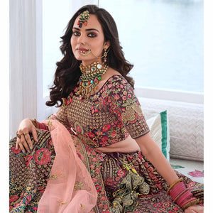 Brown & Teal Green Wedding Wear Sequins Floral Embroidered Velvet Lehenga Choli
