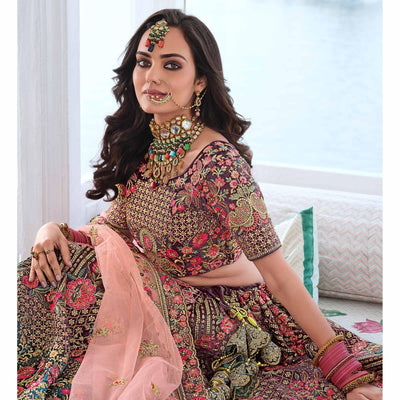 Brown & Teal Green Wedding Wear Sequins Floral Embroidered Velvet Lehenga Choli