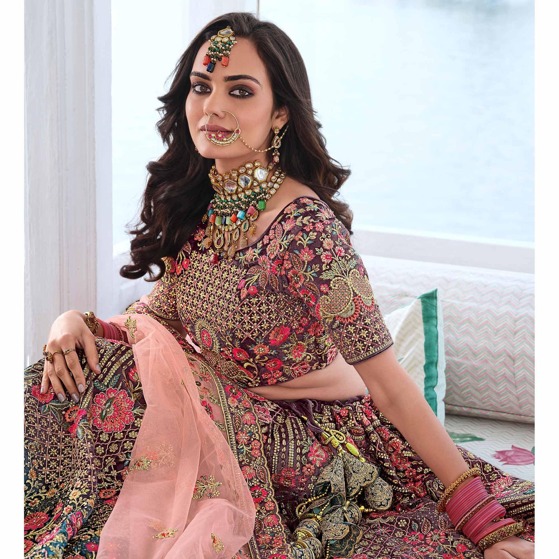 Brown & Teal Green Wedding Wear Sequins Floral Embroidered Velvet Lehenga Choli