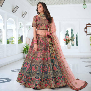Brown & Teal Green Wedding Wear Sequins Floral Embroidered Velvet Lehenga Choli