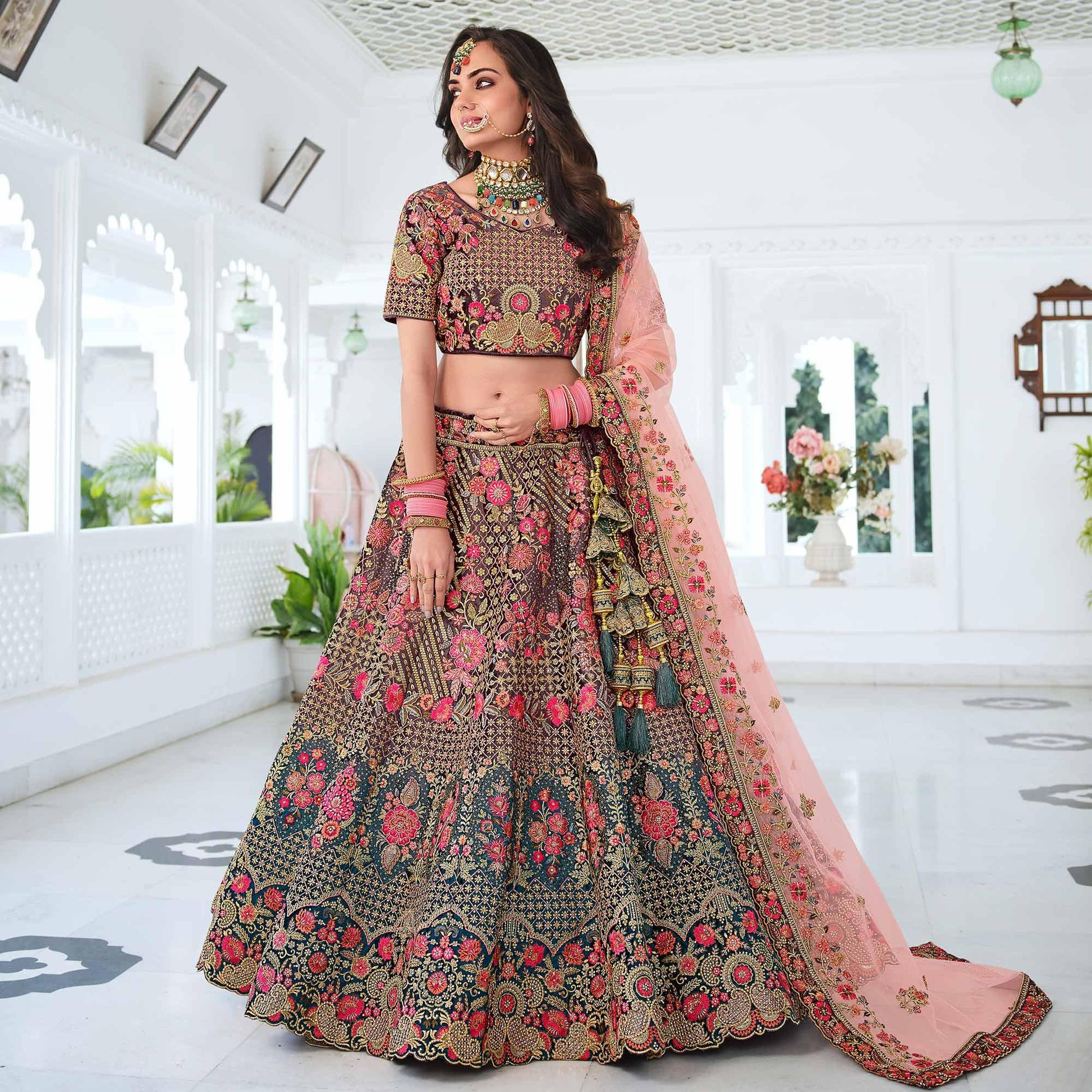 Brown & Teal Green Wedding Wear Sequins Floral Embroidered Velvet Lehenga Choli