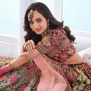 Brown & Teal Green Wedding Wear Sequins Floral Embroidered Velvet Lehenga Choli