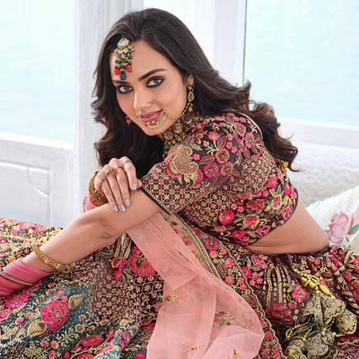 Brown & Teal Green Wedding Wear Sequins Floral Embroidered Velvet Lehenga Choli
