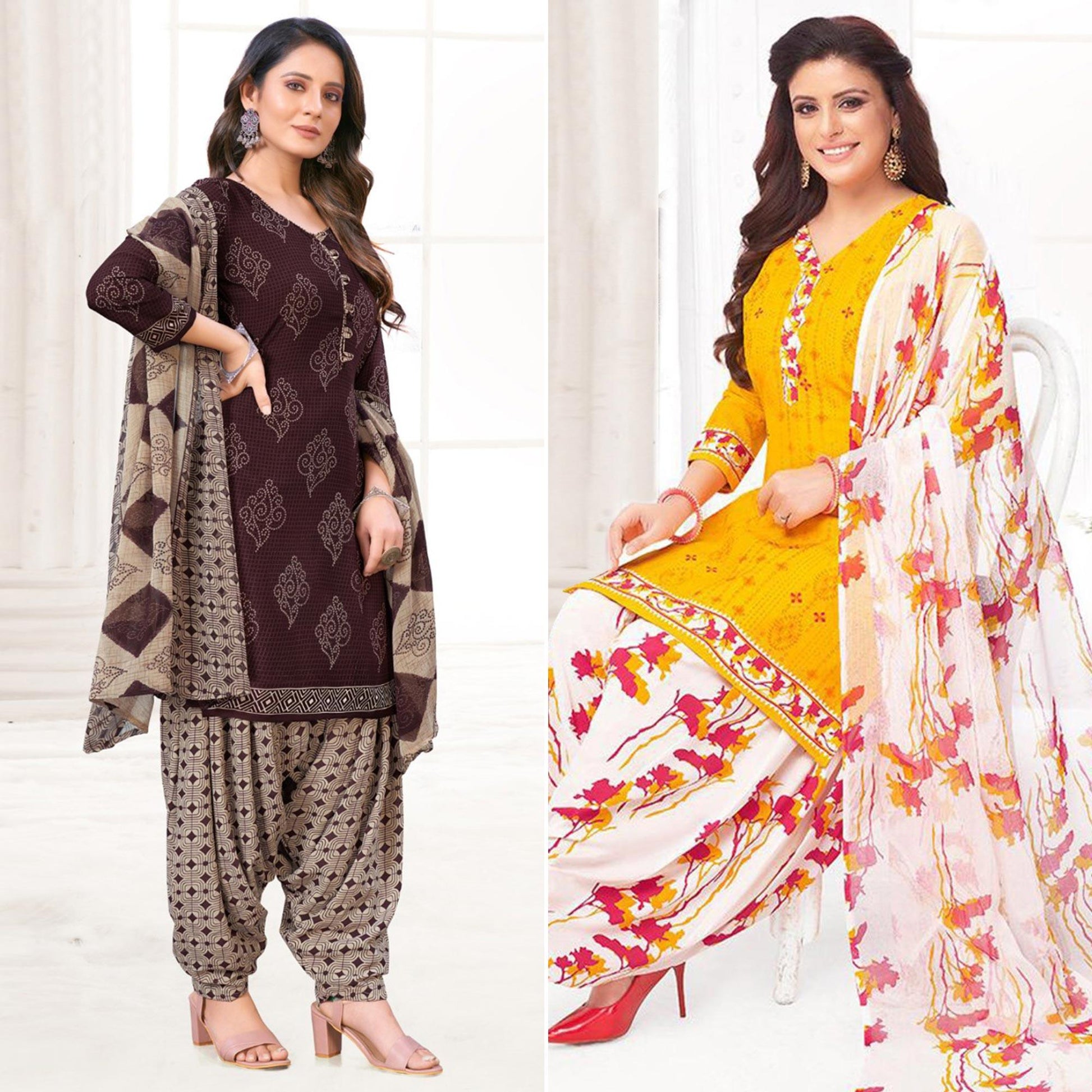 Brown And Yellow Patiala Dress Material Pack Of 2