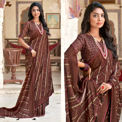 Brown Bandhani Printed Chiffon Saree With Tassels