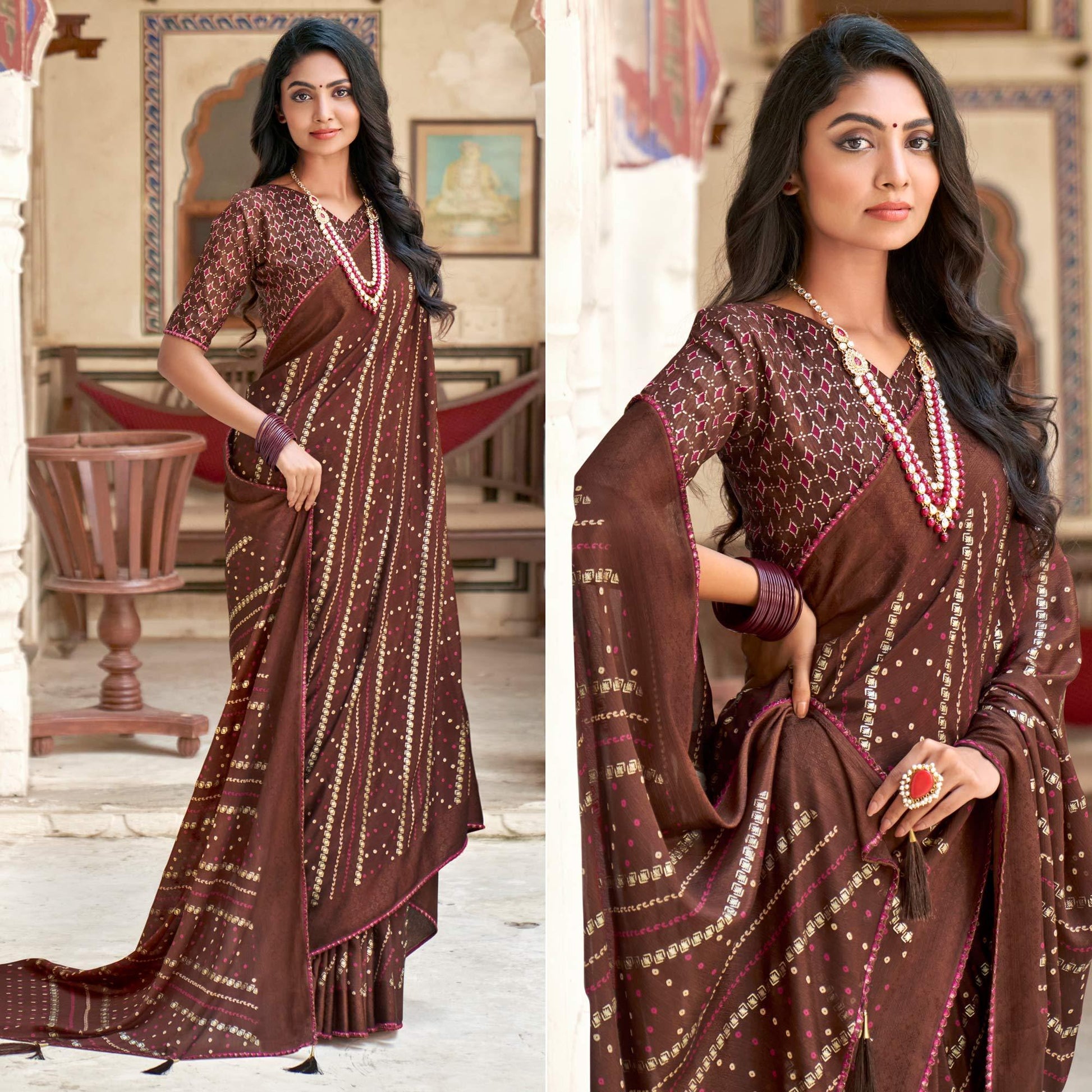 Brown Bandhani Printed Chiffon Saree With Tassels