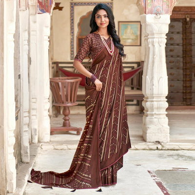 Brown Bandhani Printed Chiffon Saree With Tassels