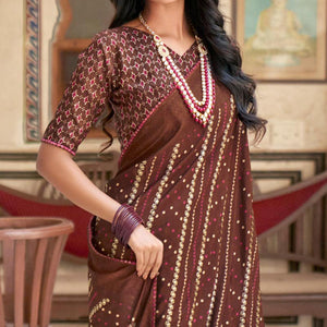 Brown Bandhani Printed Chiffon Saree With Tassels