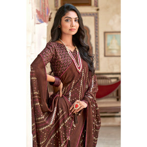 Brown Bandhani Printed Chiffon Saree With Tassels