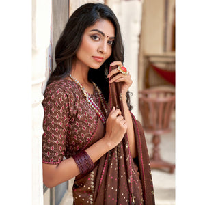 Brown Bandhani Printed Chiffon Saree With Tassels
