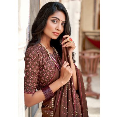 Brown Bandhani Printed Chiffon Saree With Tassels