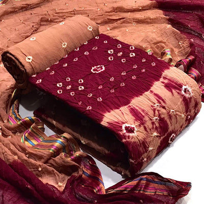 Brown Bandhani Printed Cotton Blend Dress Material