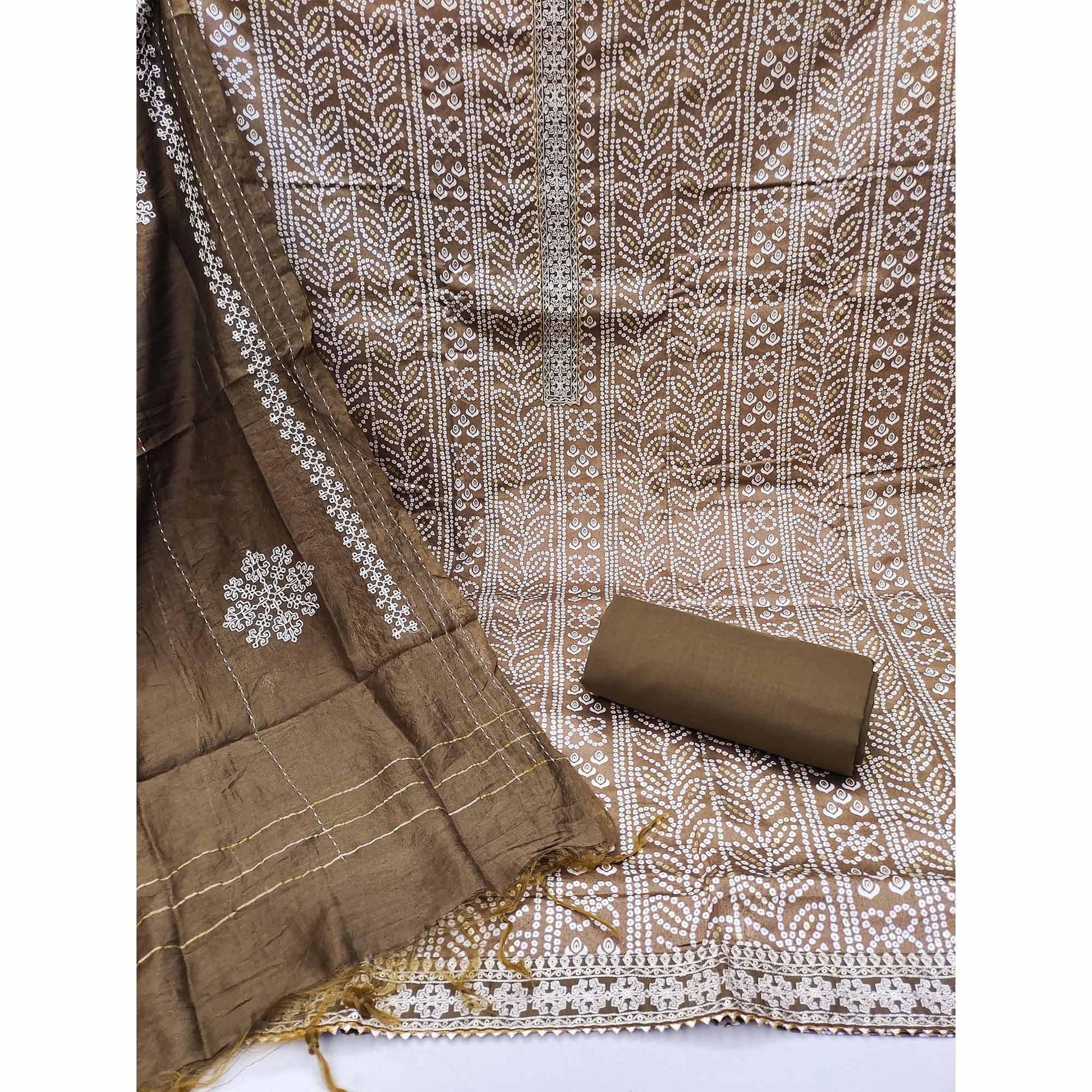 Brown Bandhani Printed Pure Cotton Dress Material