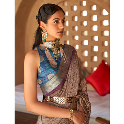 Brown Bandhani Printed With Woven Border Art Silk Saree